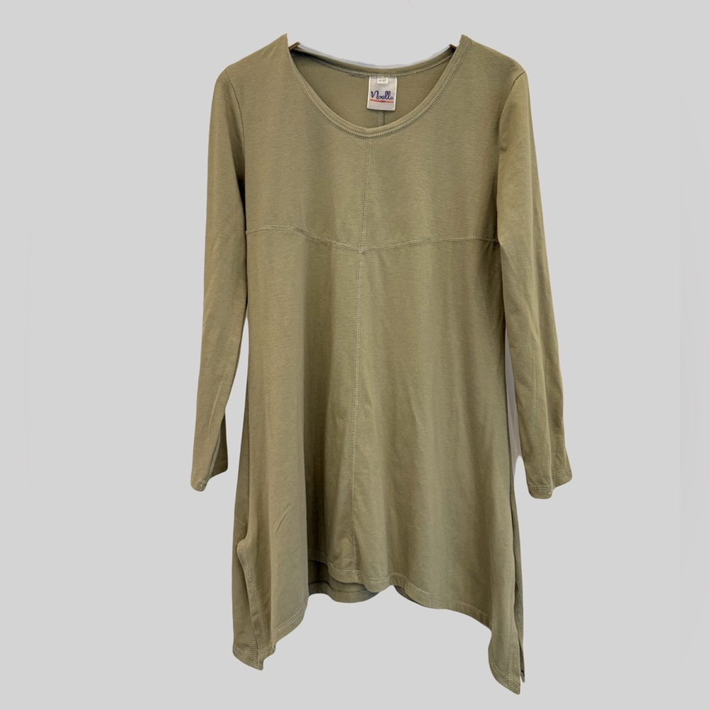 Noelle Linen Blend Tunic Knit Top Womens Size S/M Green Asymmetrical Lagen Look